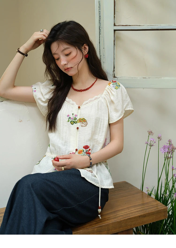 MISHOW Women's Fashion Flower Embroidery Blouse Summer 2025 Square Neck Lace Drawstring Short Top Ladies Clothing MXE37X1895