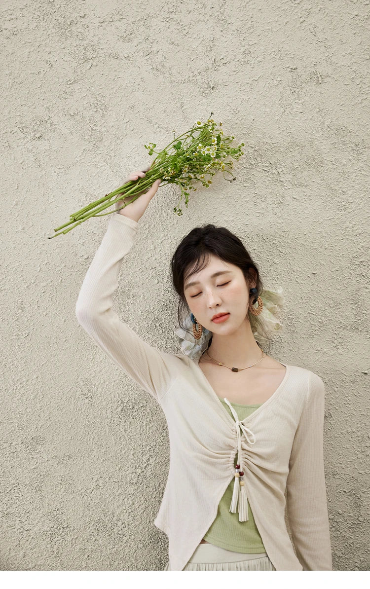 MISHOW Women's Fake Two Patchwork Knitted Spring 2025 Contrast Drawstring Strap Lace-up Tops Retro V-neck Thin Top MXE15Z1185