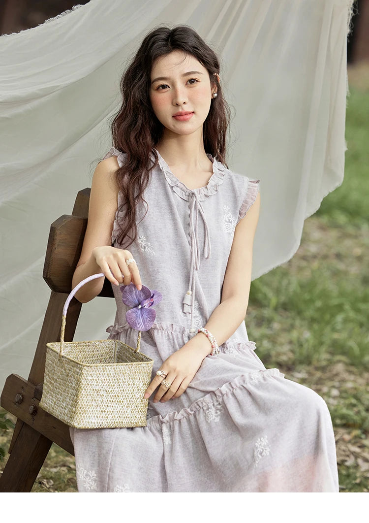 MISHOW Summer Embroidered Dress for Women 2025 New Round Neck Ruffled Sleeveless A-line Midi Dresses Female Fashion MXE33L2231