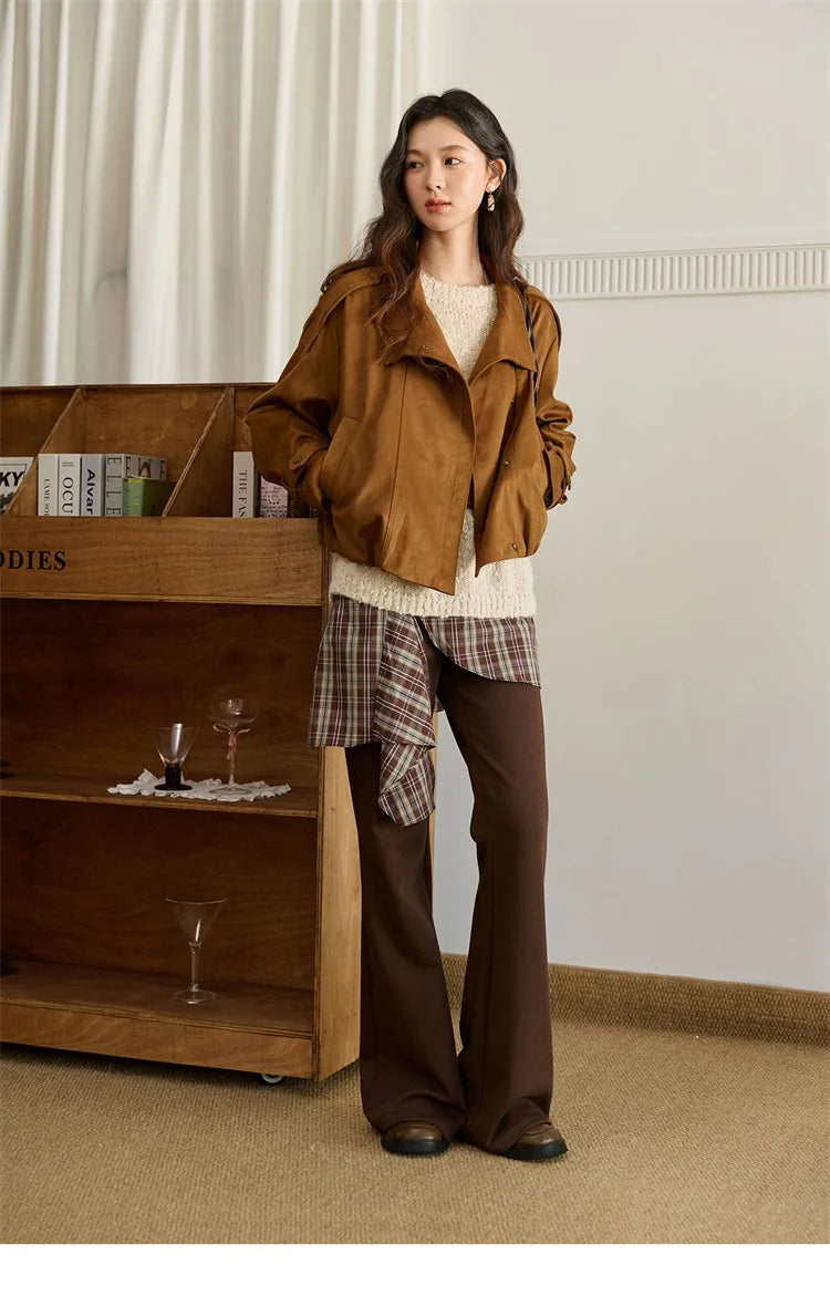 MISHOW Vintage Suede Short Jacket Brown Lapel Zipper MXE45W0869