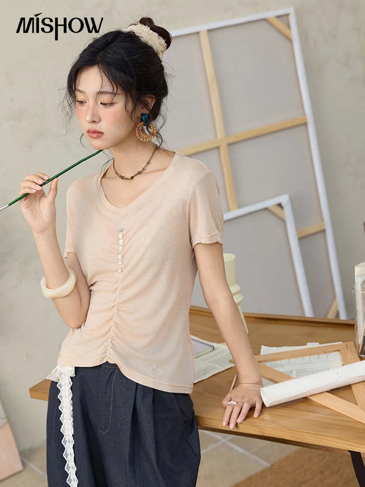 MISHOW V-neck Short Sleeve T-shirt Summer 2025 Mid Front Elastic Fold Single Row Shell Button Tees Casual Slim Tops MXE34T0560
