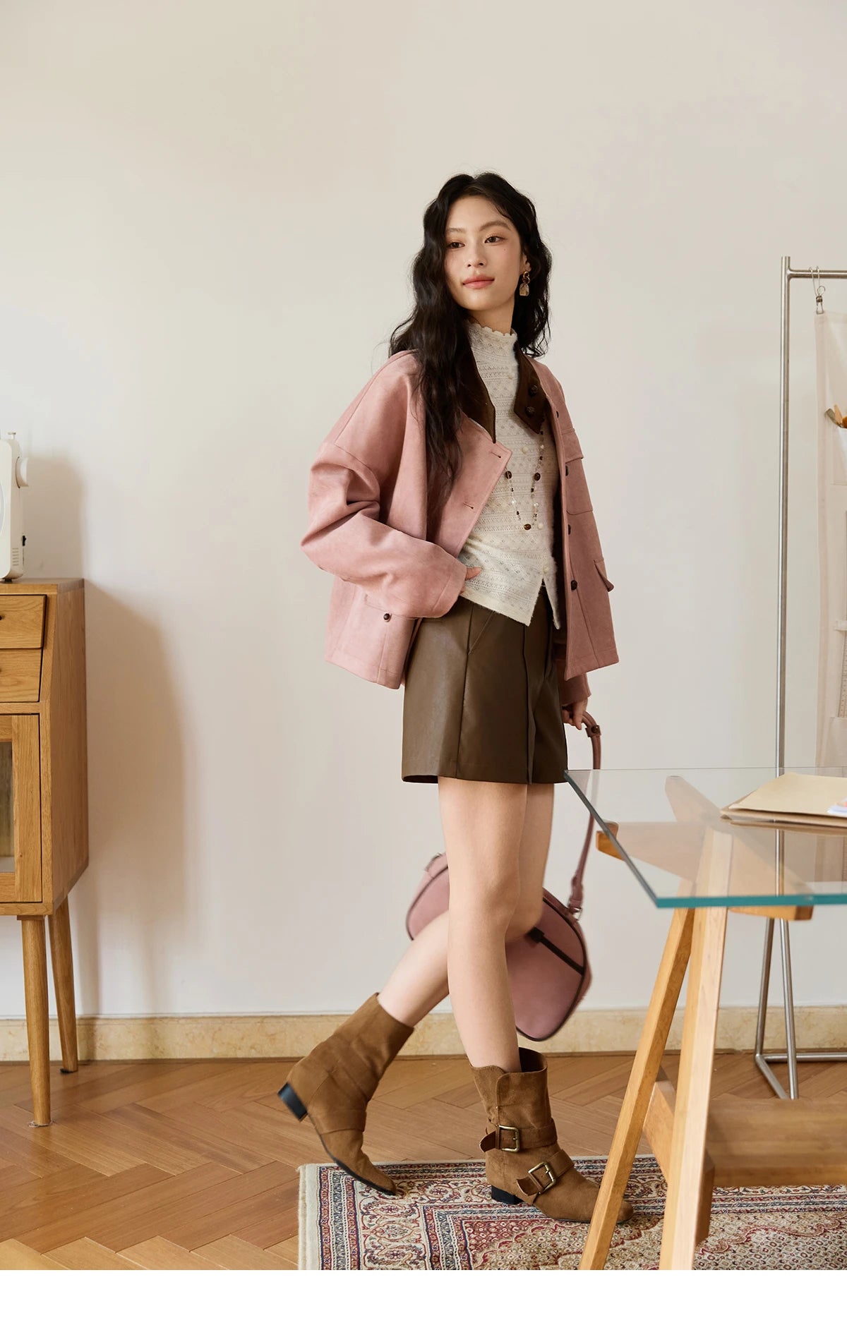 MISHOW Woman Jacket 2025 Autumn French Style Pink Coffee Suede Jacket Contrast Color Stand Collar Loose Short Coat MXE48W0851