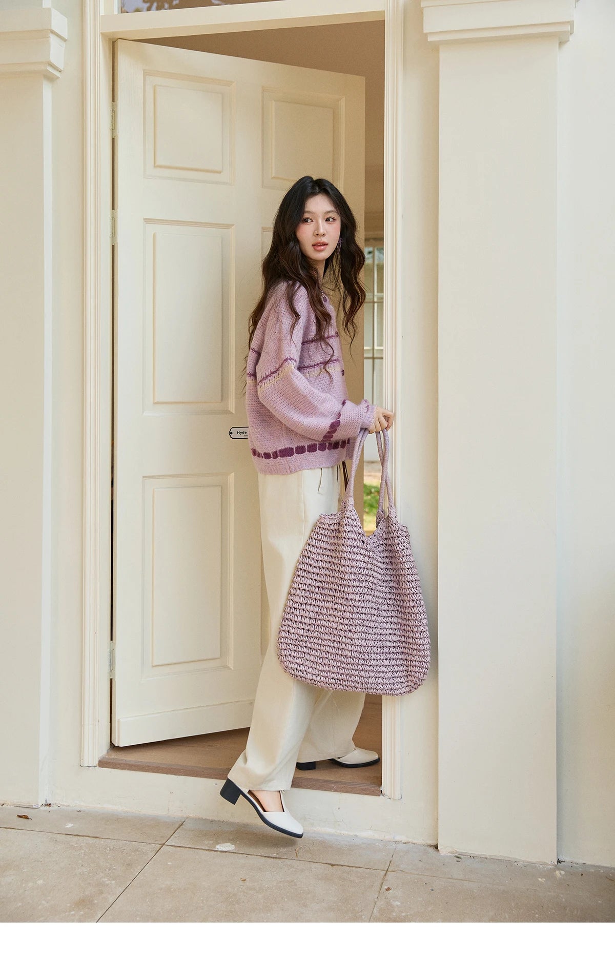 MISHOW Women's Lilac Knit Cardigan 2026 Spring Striped Dot Pattern Crew Neck Tops Single Breasted Warm Loose Sweater MXF11Z2897