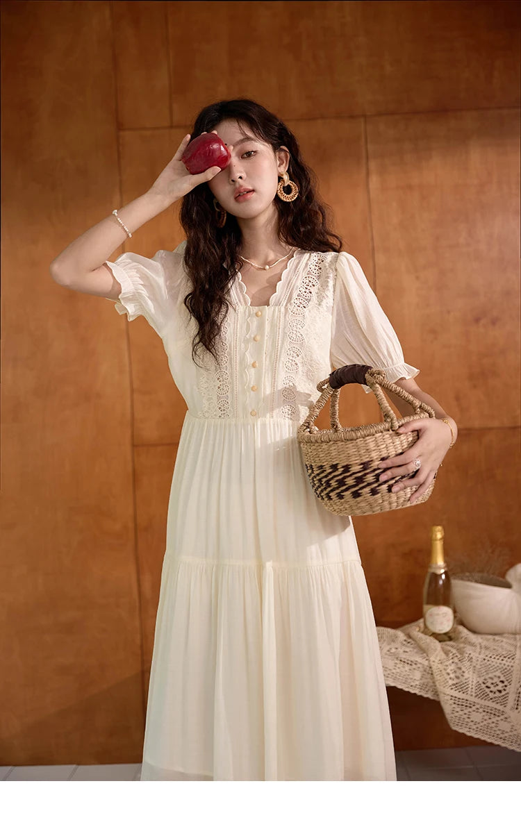 MISHOW Women's French Hollowed Out Embroidery Dress 2024 Summer Elegant Slim Fairycore Dress Waist Mid Length Dresses MXD31L1981