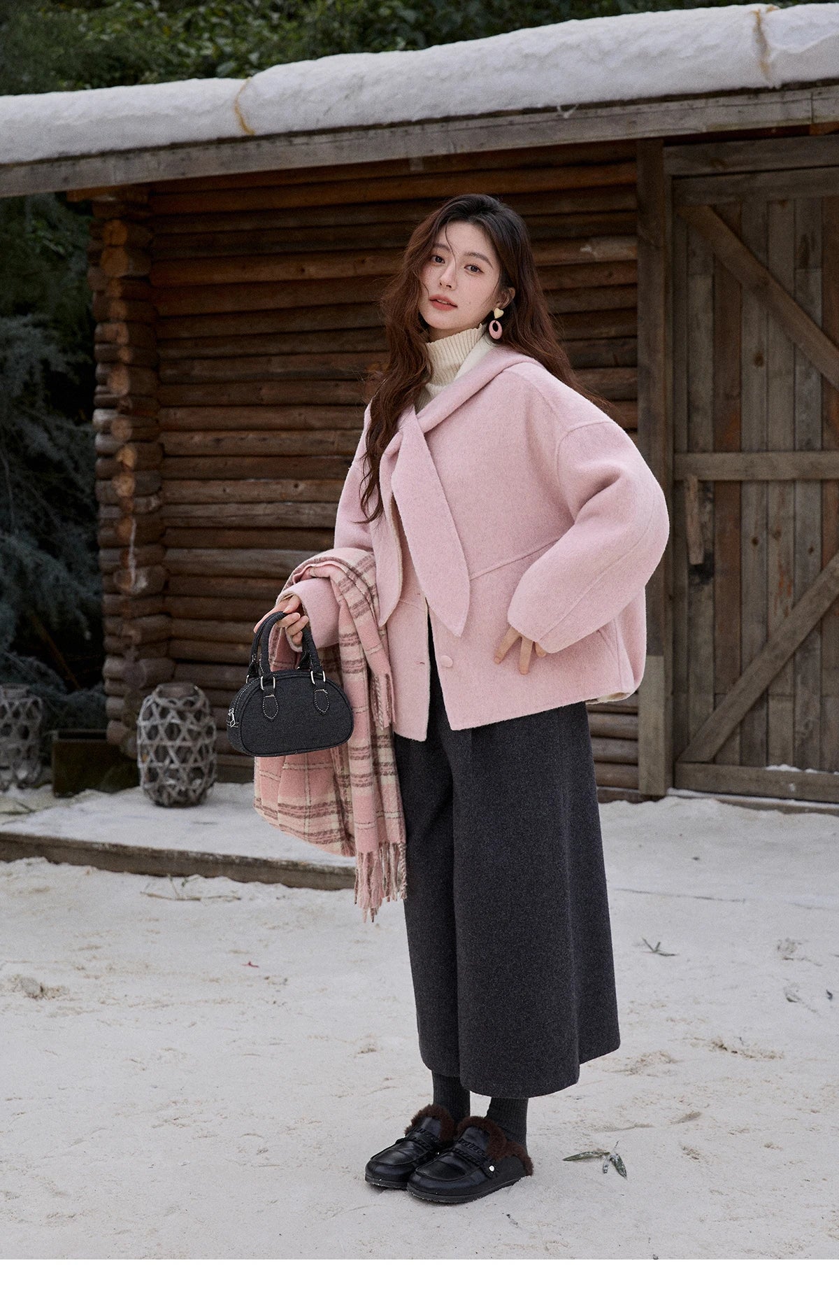 MISHOW Pink Wool Double-sided Woolen Coat Winter Hooded Bow Tie Strap Coats Loose Dropped Sleeves Coat Office Lady MXE91W1010