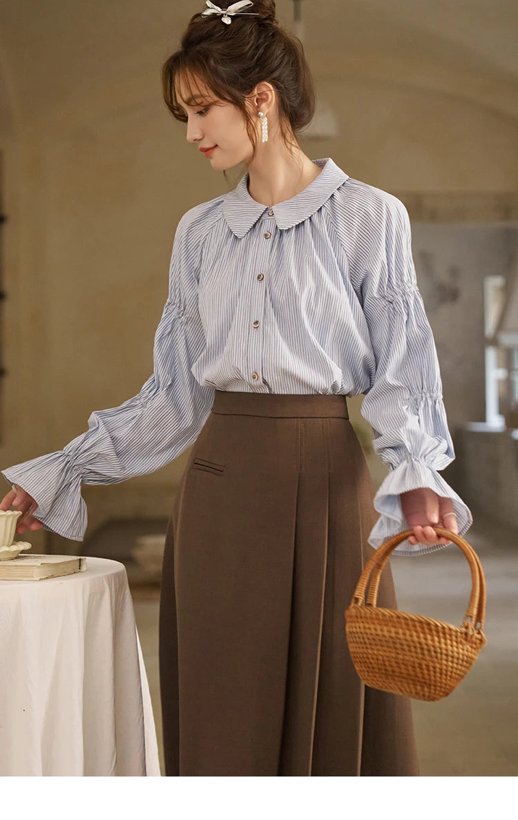 MISHOW Women's Blue Stripe Shirt 2024 Spring Fashion French Retro Bubble Sleeves Doll Neck Loose Tops Office Lady MXD12C0163