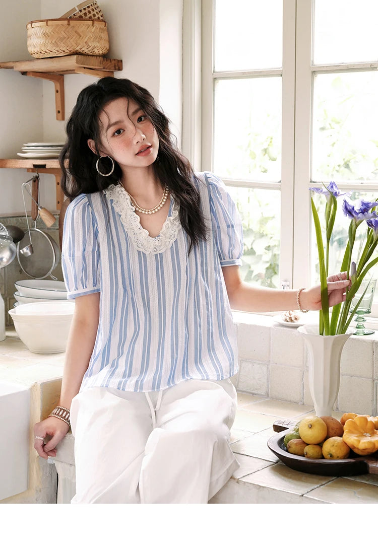 MISHOW 2025 Summer New 100% Cotton Striped Blouse Women Fashion Lantern Sleeve Lace V-neck Casual Top Ladies Clothing MXE36X1845