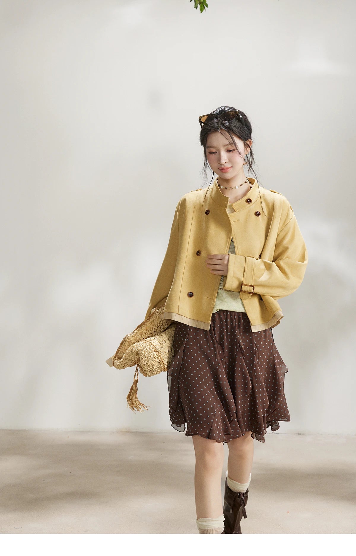 MISHOW Women's Brown Polka Dot Skirt Spring Irregular Ruffled Chiffon Elastic Waist Skirts Casual A-line Mini Skirt MXF13B2476