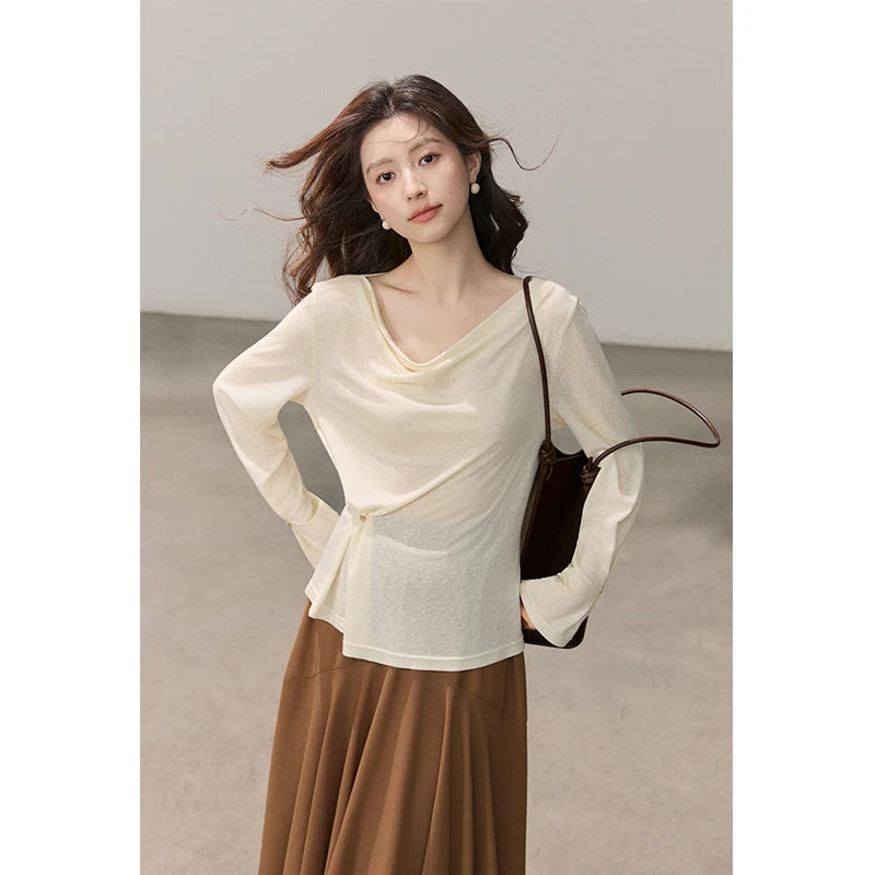 MISHOW Women's Multi Colored Knitted Top 2026 Spring Swinging Collar Flare Sleeve Top Side Twist Whist Casual T-Shirt MXF13T1473