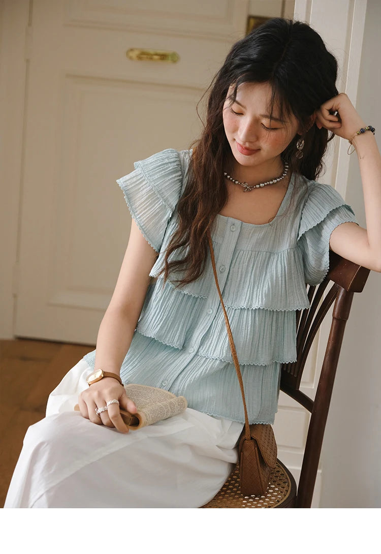 MISHOW Butterfly Sleeve Chiffon Shirt Women's 2025 Summer New Women's Clothing Retro Square Neck Button Casual Shirt MXD30X1488