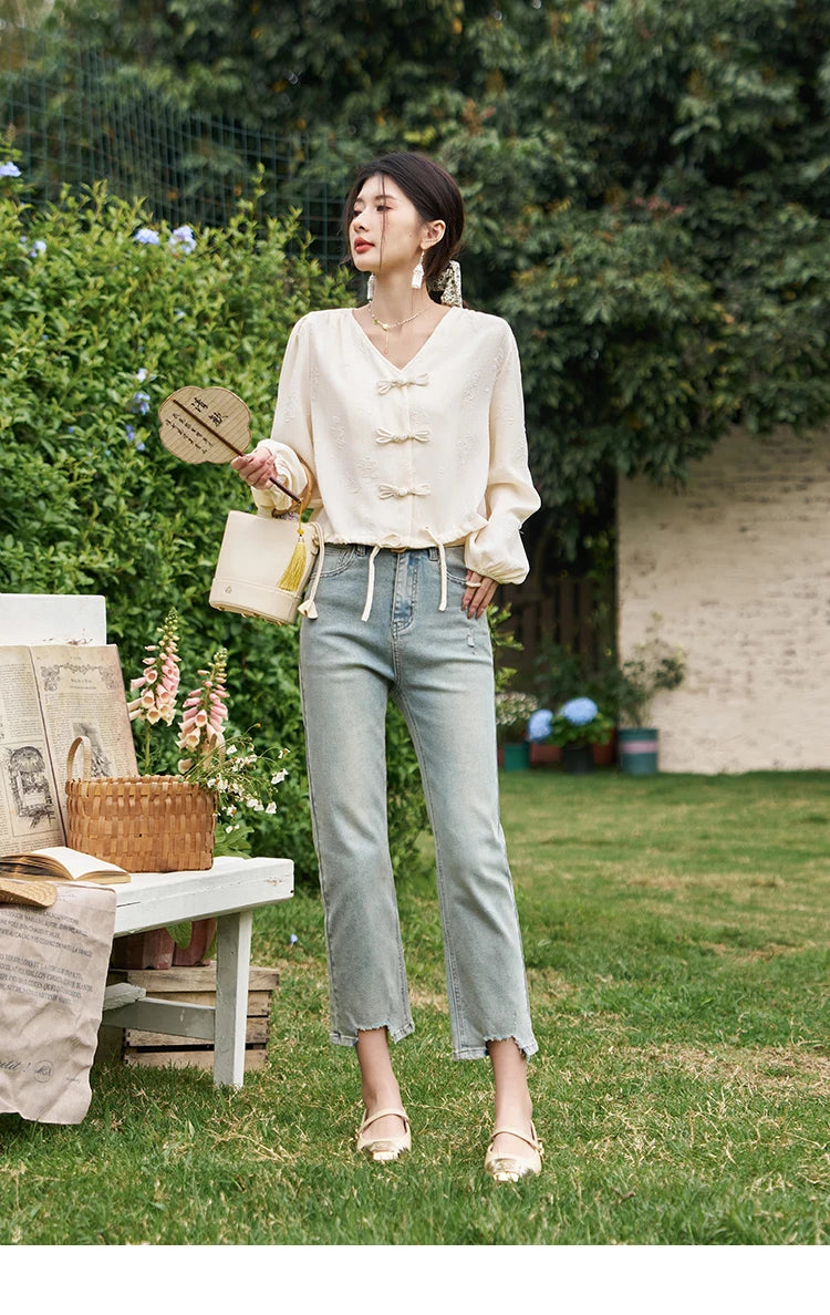 MISHOW Chinese Button Up Single Row Shirt for Women 2024 Spring Jacquard Hem Drawstring Puff Sleeve Solid Loose Top MXD14X1386