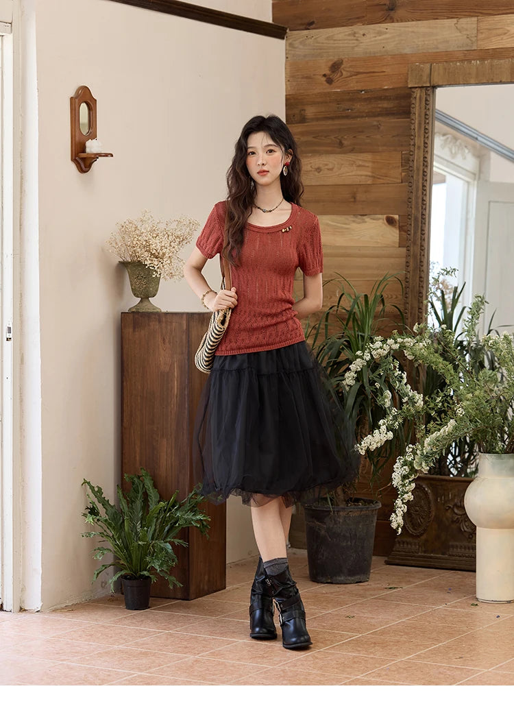 MISHOW Retro Red Hollow Thin Knitted Sweater Shirt for Women 2025 Summer Beads Short Sleeves Knitted Breathable Top MXE35Z1271