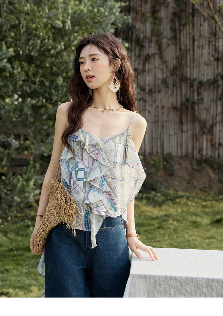 MISHOW Holiday Summer Camisole Tops Women 2025 Plaid Ruffled Layer Chiffon Floral Slimming Top Woman New Fashion MXE33X1803