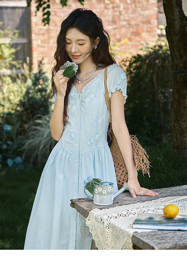 Mishow V-Neck Mushroom Edge Embroidery Button Dress MXE39L2407