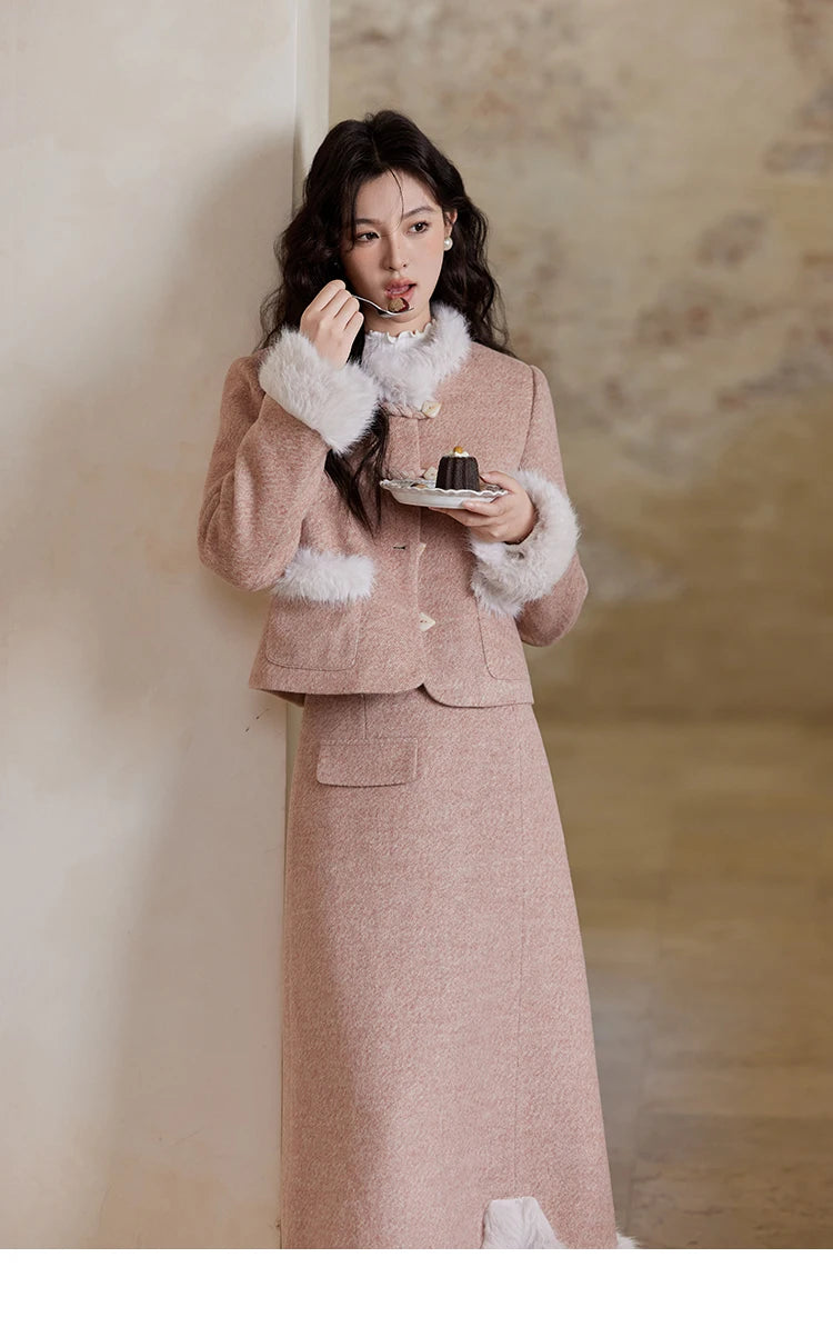 MISHOW New Chinese Tweed Coats Midi Skirts Separately Clothes Winter Woman Sweets Edge Design Plush Fur Coat Women MXD54W0583