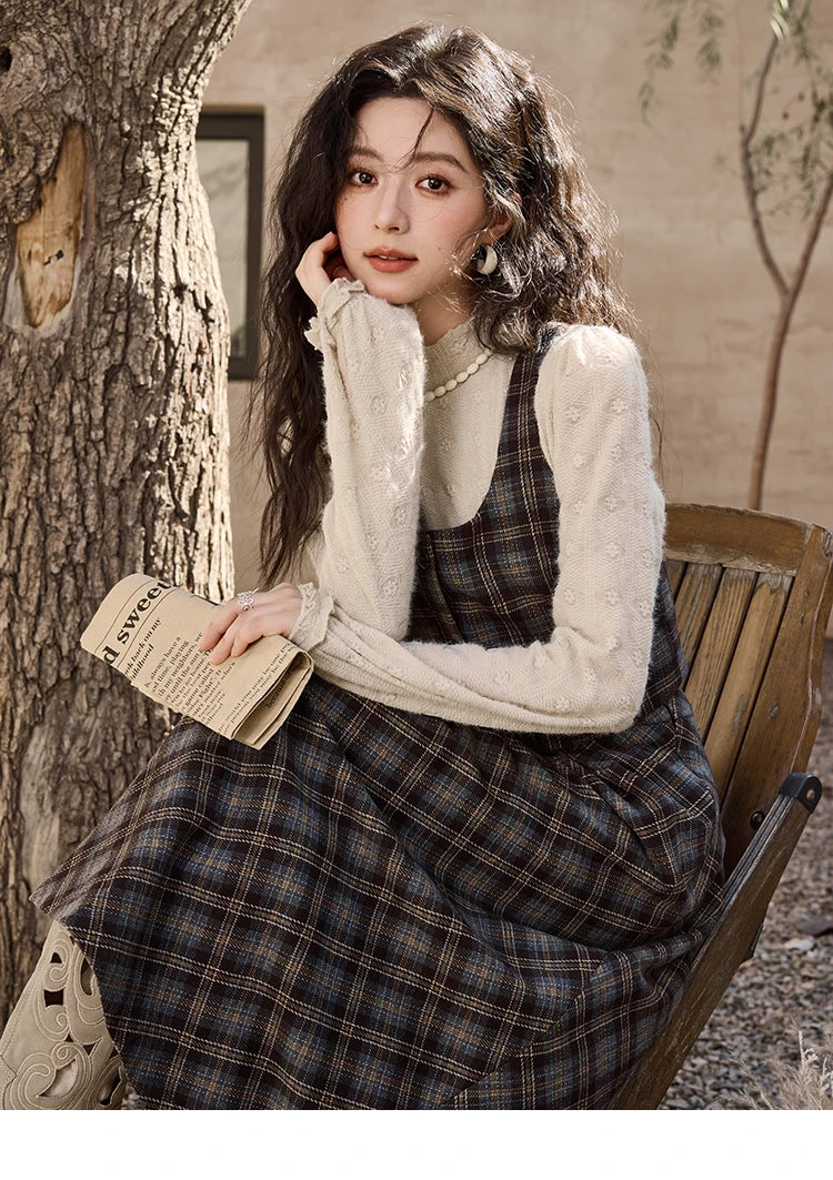MISHOW Blue Plaid Vest Retro Skirt Separately Women 2024 Winter Retro Plaid Irregular Square Collar Top Midi Skirt MXD44W0454