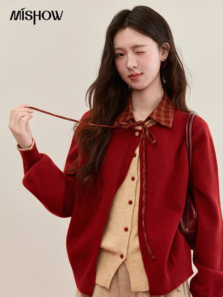 MISHOW Color Block Contrast Fake Two-Piece Cardigan Women Winter Removable Plaid Collar Tie Thickened Knitted Sweater MXE93Z2816