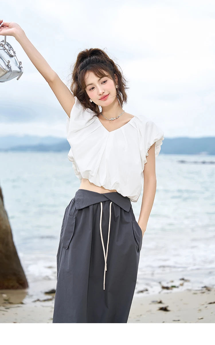 MISHOW Soft Blouses for Women 2025 Summer French Rear Collar Tie Up Solid Short Sleeve Solid V Neck Puff Sleeve Tops MXC38X1275