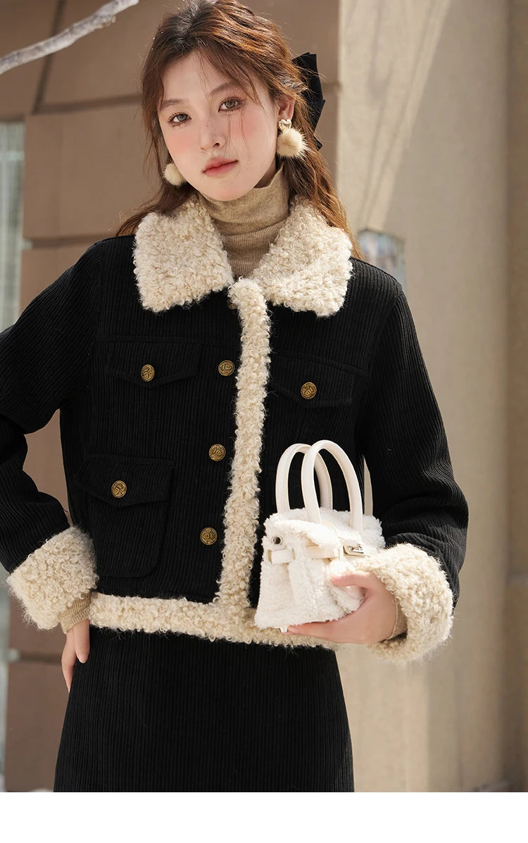 Mishow French Corduroy Patchwork Jacket & Mini Skirt Set MXC57W0180