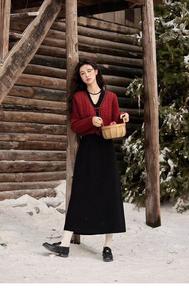 MISHOW Red Knitted Cardigan V-Neck Midi Dresses Separately A-LINE Temperament Grace Dress Flower Lace-up Warm Coat MXD58L2085