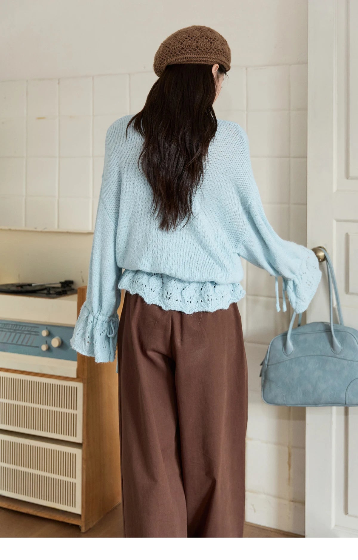 MISHOW Elegant Cardigan Women 2025 Autumn Design Hollow Knit Sweater V-neck Flared Sleeves Loose Casual Sweater MXE47Z2513