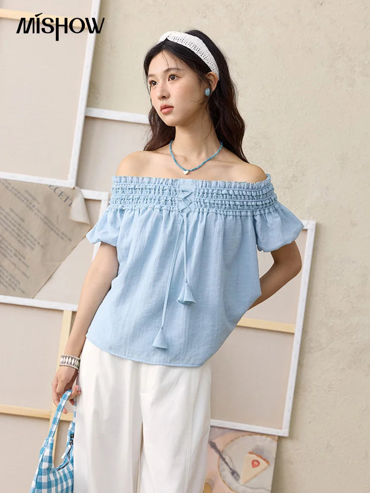 MISHOW Mist Blue One Shoulder Blouse Summer 2025 Elastic Pleated Flower Bud Sleeves Doll Blouses Cotton Blend Top MXE34X1796