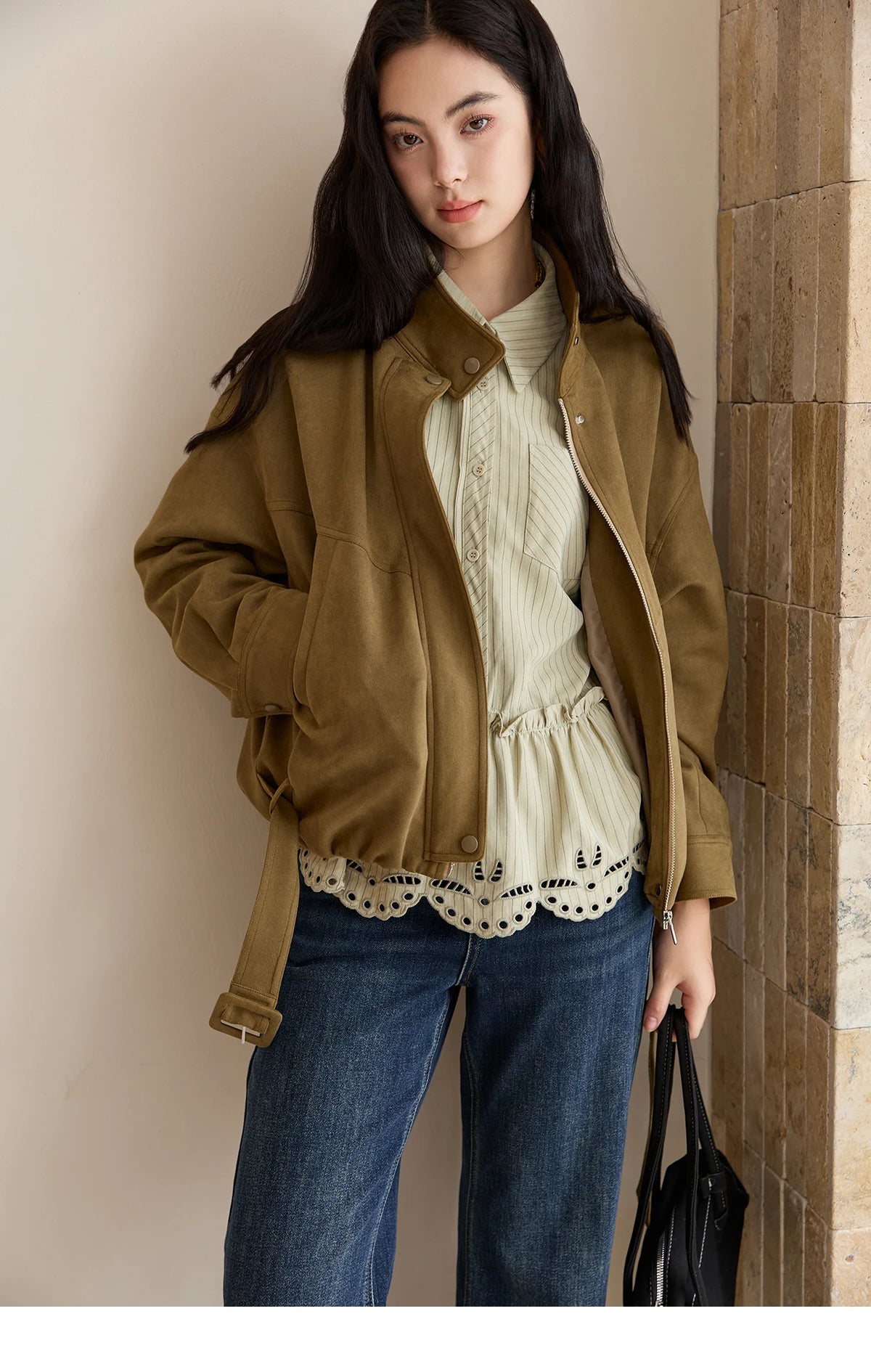 MISHOW Green Striped Shirt for Women 2025 Autumn New Fashion Design Embroidery Loose Casual Tops Commuting Shirt  MXE49C2414