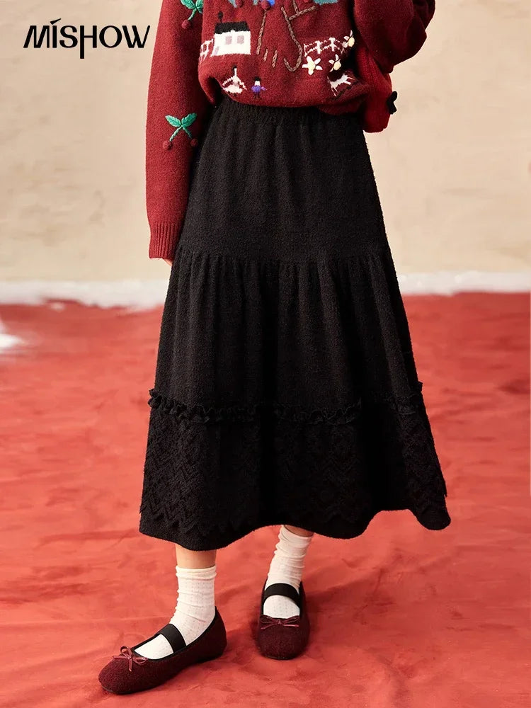 MISHOW Splicing Knitted Skirt For Women 2025 Spring New Korean Lace Loose Elegant Slim Temperament Pleated Long Skirt MXD59B0632