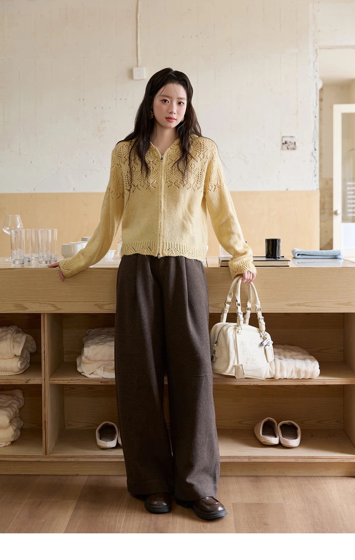 MISHOW Yellow Hollow Out Cardigan Women 2025 Autumn Winter New Hooded Zipper Sweater Loose Casual Bottoming Tops MXE46Z2584