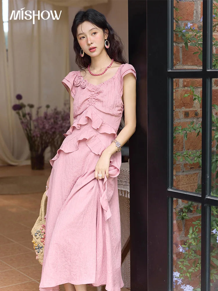 MISHOW Flower Flying Sleeve Pink Dress for Women 2025 Summer New Women's Clothing Holidays Fashion V-neck Dress MXE34L2243