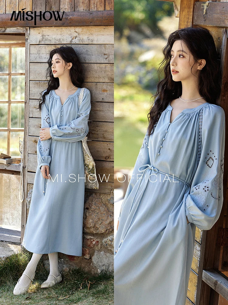 MISHOW French Hollow Lace Dress for Women 2025 Spring Vacation Slim Waist V-neck Dresses Loose Beach Fairy Dresses MXE12L2091