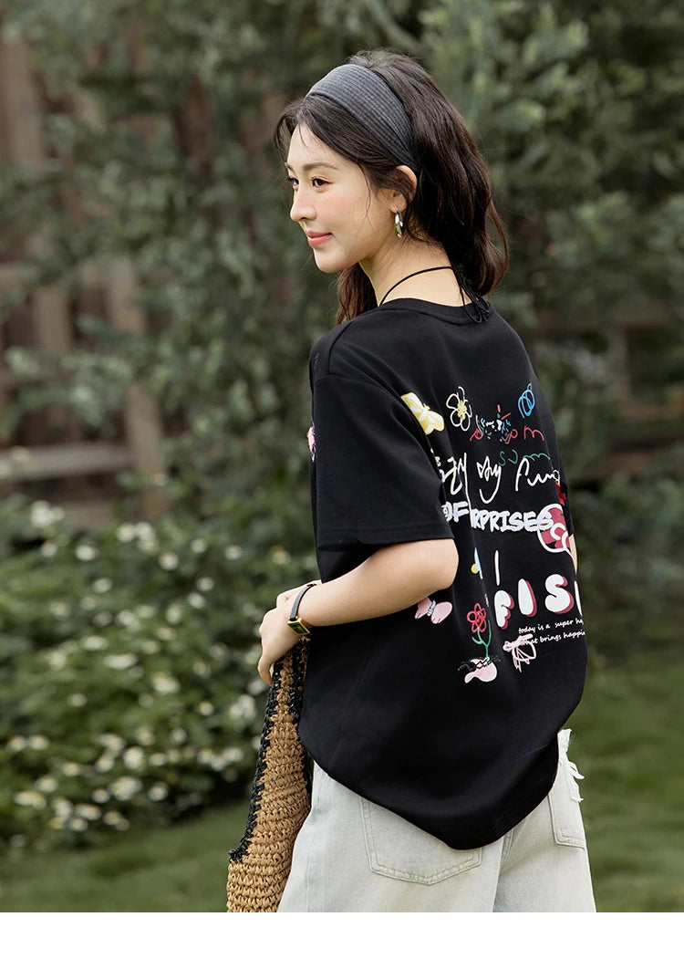 MISHOW Casual Graffiti T-shirt Women Summer 2025 Short Sleeve Round Neck Loose Shirts Female New Fashion Tops Lady MXE15T0475