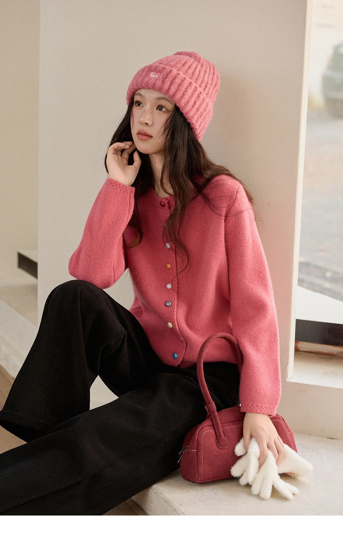 MISHOW Women's Cardigan 2025 Slim Fit Hollow Out Round Neck Rainbow Button Sweater French Style Solid Warm Knitwear MXE90Z2796