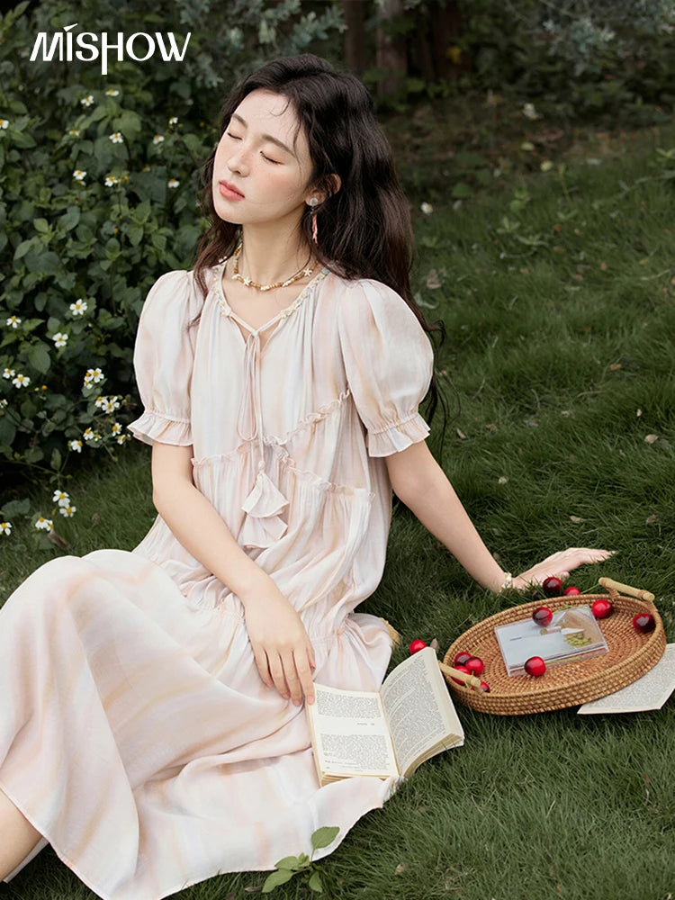 MISHOW French Summer Dress Women 2025 New V-neck Short Puff Sleeve Hollow Gradient Dresses Female Fashion Slimming MXE31L2166