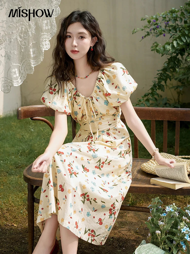 MISHOW French 100 Cotton Floral V-neck Dress Women 2025 Summer Bubble Sleeve Drawstring Lace-up Temperament Dresses MXD30L1868
