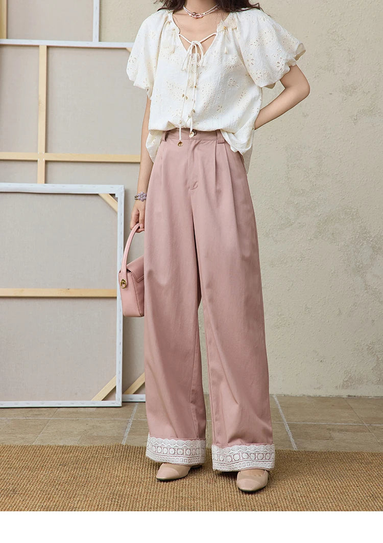 MISHOW Hem Lace Hollow Out Wide Leg Pants for Women Summer 2025 High Waist Loose Pink Pants Straight Leg Trousers MXE31K0900