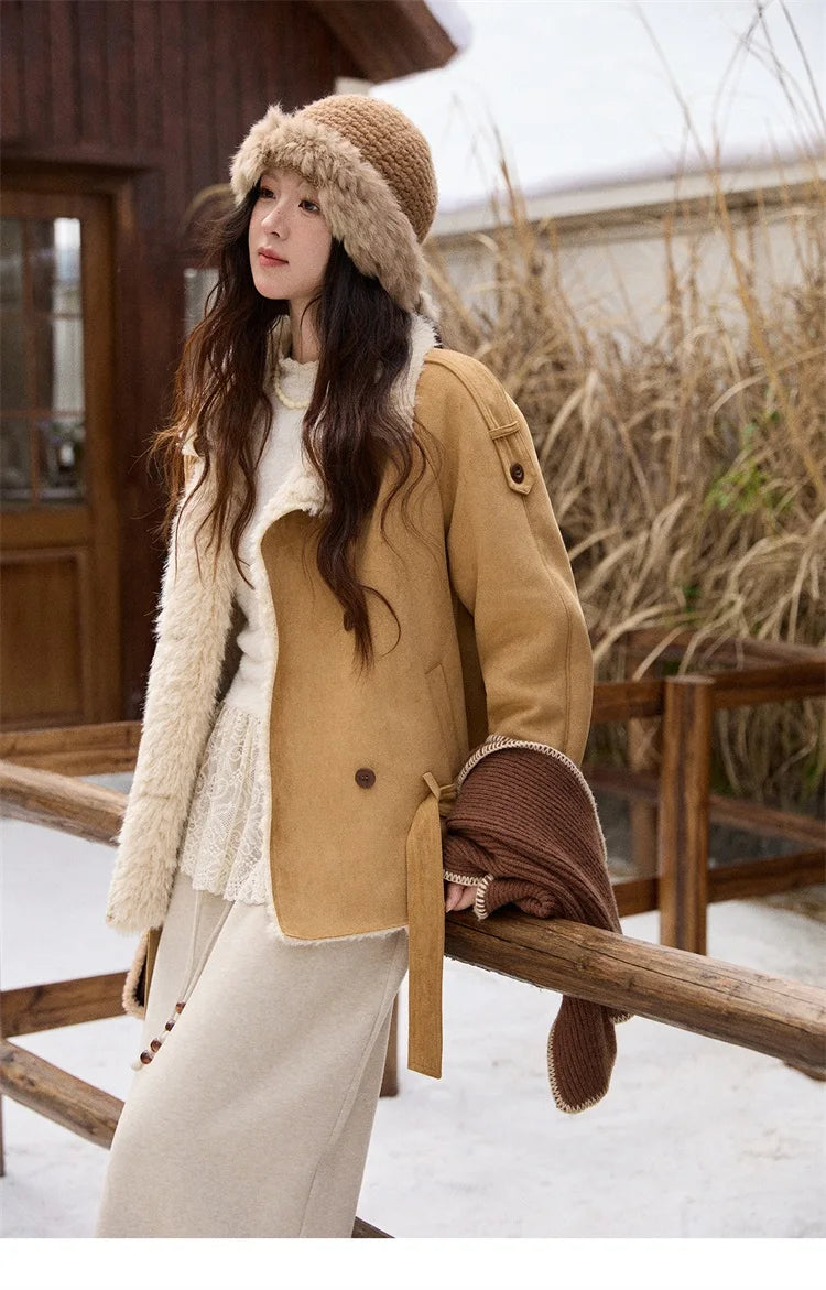 MISHOW Women Winter Jacket 2025 Fashion Suede Lambskin Fleece Coat Commute Windproof Retro Double-breasted Warm Coat MXE86W0907