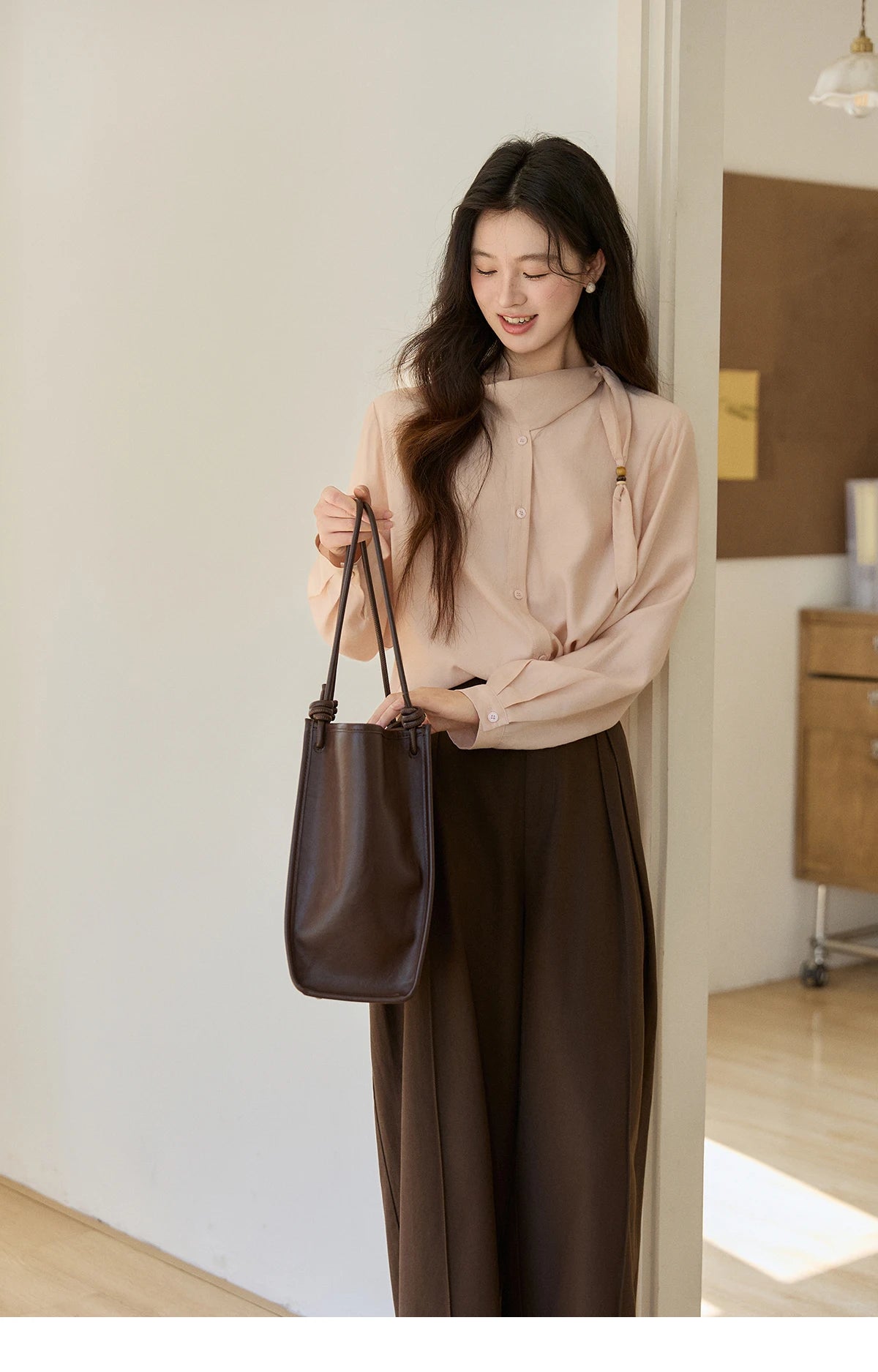 MISHOW Women's Nude Pink Shirt Spring Versatile Ribbon Stand Neck Shirts Button-Down Casual Commute Long Sleeve Top MXE11X2547