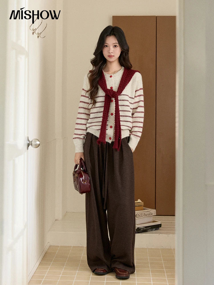 MISHOW Women's Beige Striped Knitted Cardigan 2025 Autumn Winter Red Scarf Decor Button O-Neck Warm Loose Sweaters MXE93Z2948