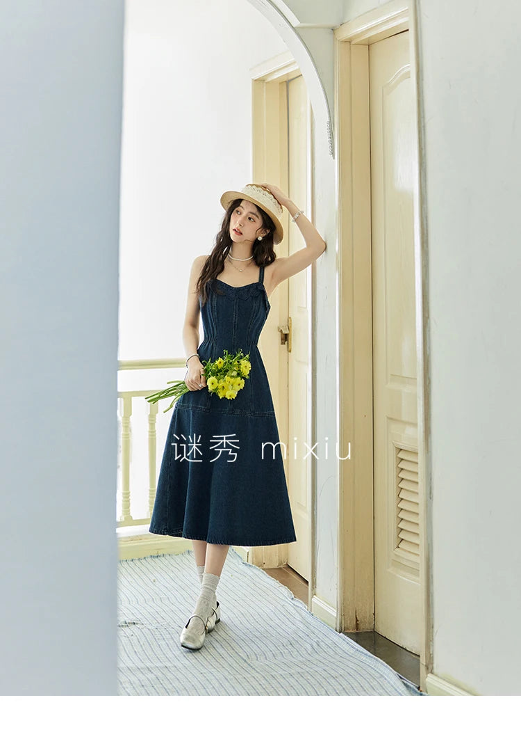 MISHOW Denim Camisole Dress Hollowed Out Cardigan Separately Spring Knitted Cardigan Lace Edge Waist Dress(Not A Set) MXE13L2094