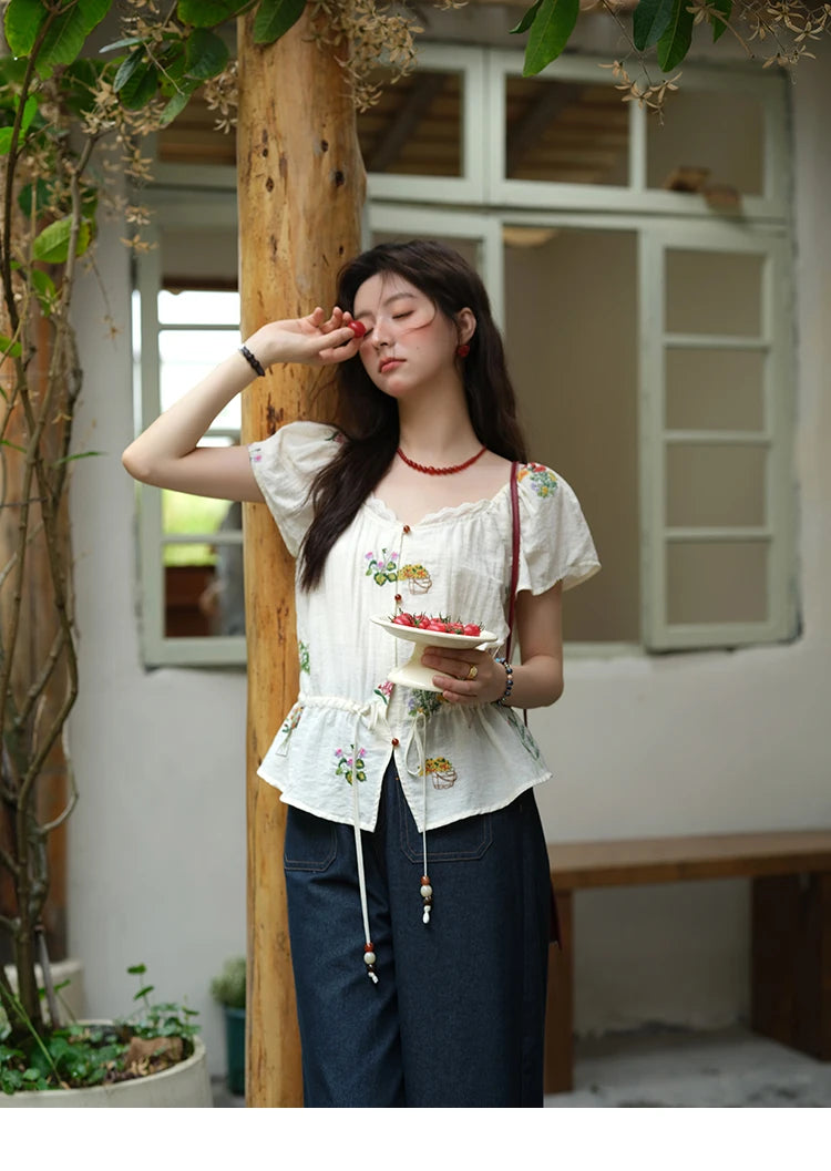 MISHOW Women's Fashion Flower Embroidery Blouse Summer 2025 Square Neck Lace Drawstring Short Top Ladies Clothing MXE37X1895