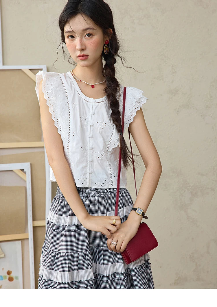 MISHOW Flying Sleeve Cotton Blouse Hollow Lace Slim Waist MXE36X1844