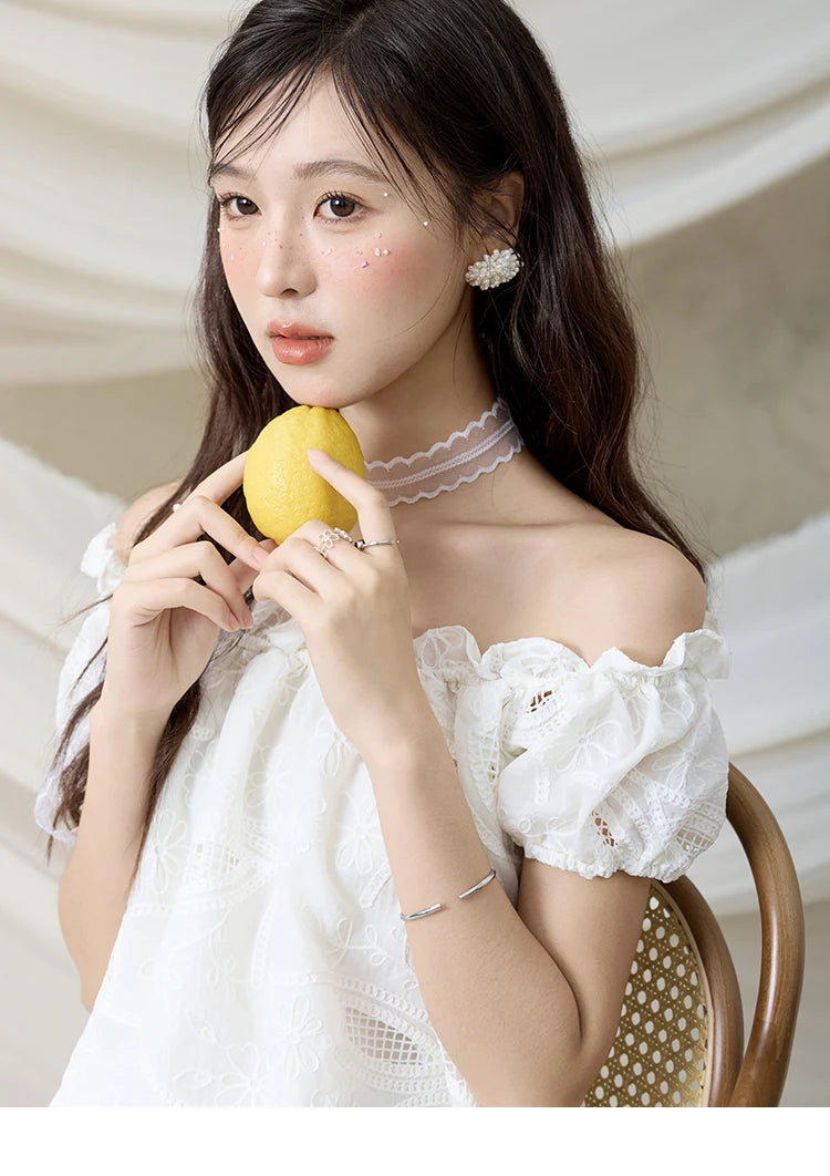 MISHOW French Summer Shirts Women New 2025 Slash Neck Short Sleeve Solid Lace Blouses Female Fashion Slim Tops Lady MXE35X1775