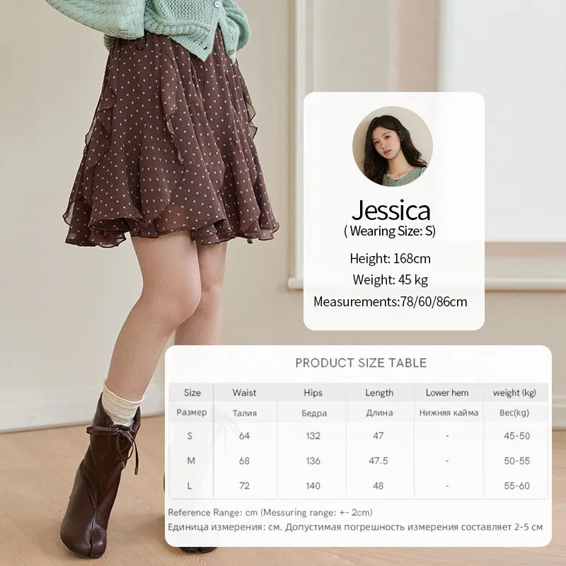 MISHOW Women's Brown Polka Dot Skirt Spring Irregular Ruffled Chiffon Elastic Waist Skirts Casual A-line Mini Skirt MXF13B2476