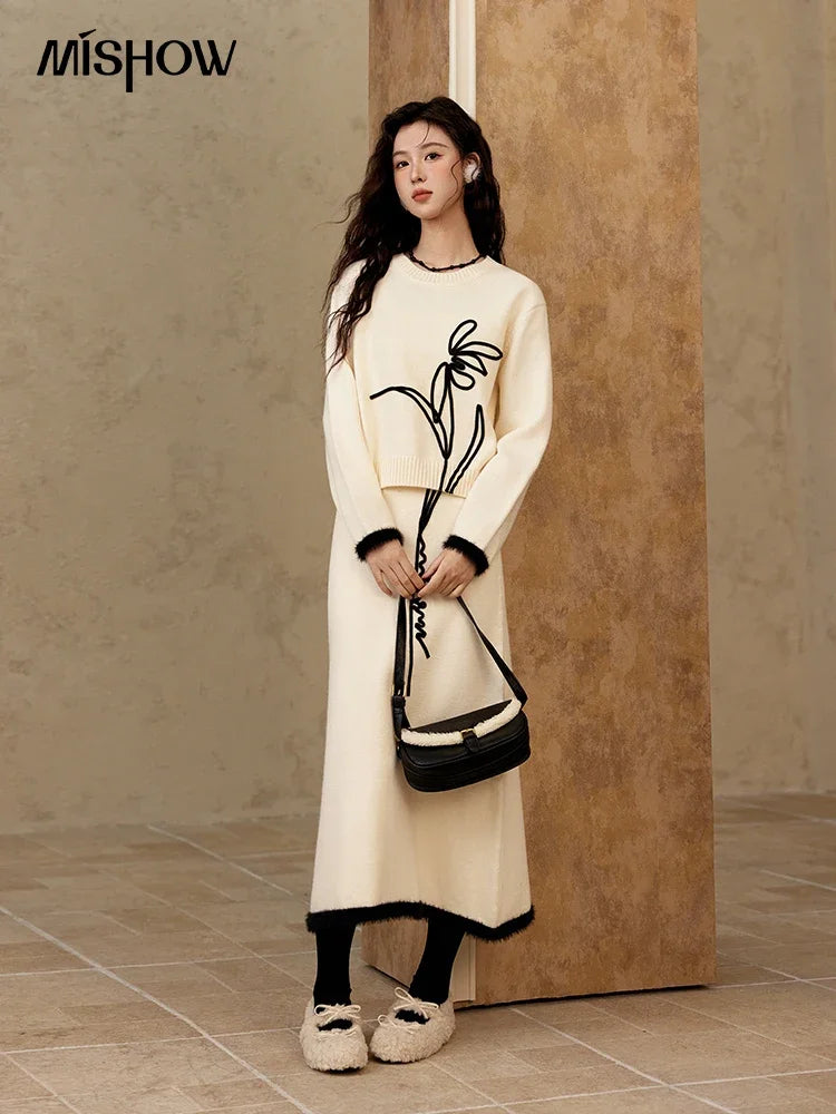 MISHOW French Skirt Sets Embroidery Spliced Contrast Color Two Piece Sets Women High Waist Midi Skirt Knitted Tops MXD57T0463