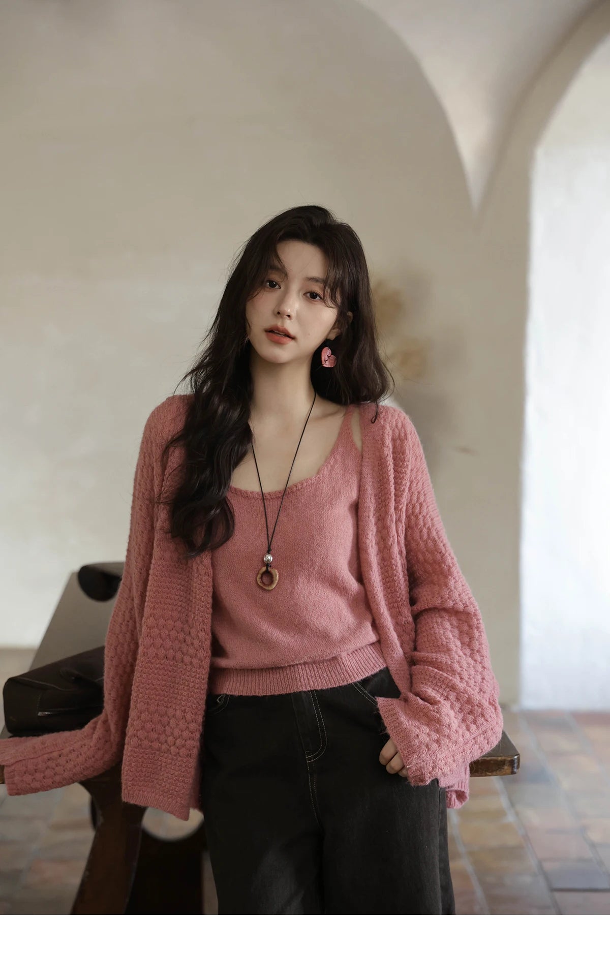 MISHOW Women's Pink Knit Two-Piece Set 2025 Autumn Sweet Long Sleeves Cardigan with Vest Casual Women's Clothes Set MXE44T0737