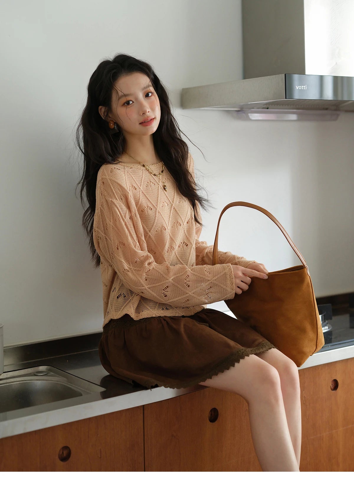 MISHOW Women's Diamond Patterned Knitted Top 2025 Autumn Bohemian Hollowed Out Thin Top Scoop Neck Knitted Sweaters MXE42Z1332