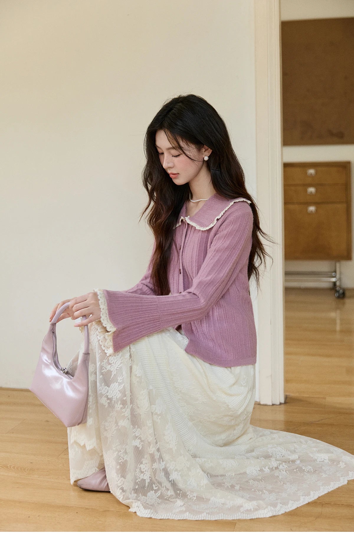 MISHOW Women's Lilac Flare Sleeve Knitted Cardigan 2026 Spring Peter Pan Collar Lace Trim Long Sleeve Slim Casual Top MXF11Z2994