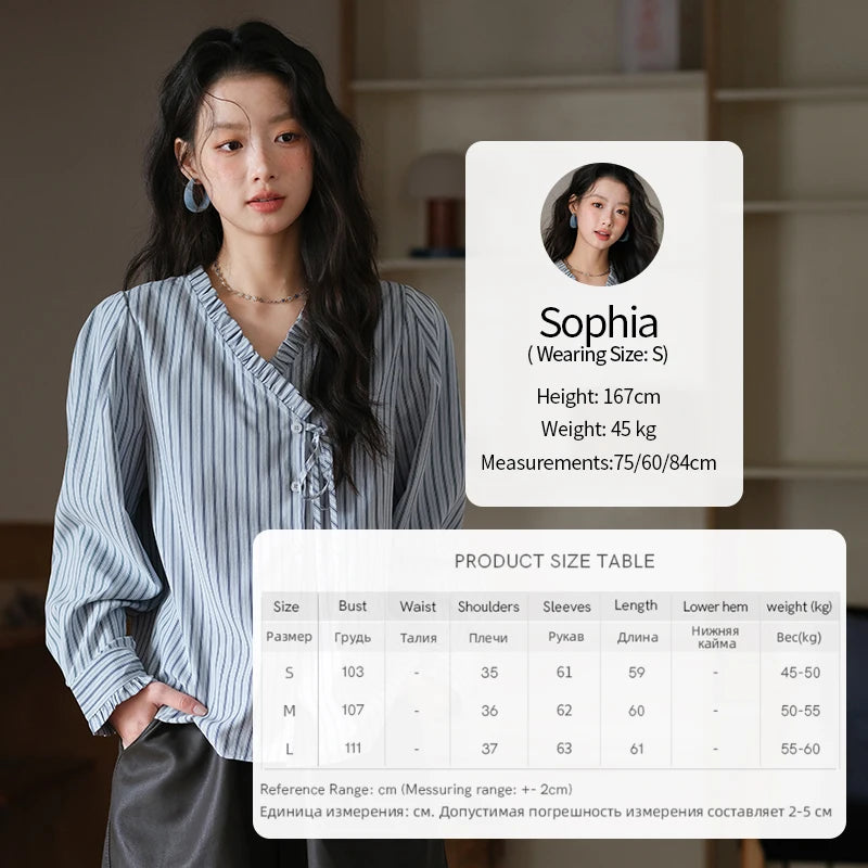 MISHOW Blue Striped Peach Skin Velvet V-neck Shirts for Women Autumn 2025 Asymmetrical Lace-up Commuting Casual Shirt MXE42X2472