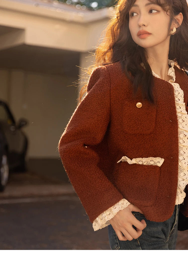 MISHOW Wool Coat for Women Winter Korean Retro Lace Splicing Lamb Wool Button Pockets Thickened Warm Female Coat MXB43W0720